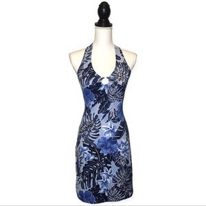 Taboo 90’s Vintage Blue Hawaiian floral O ring halter mini dress